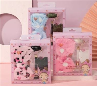 Coral Velvet Bow Headband Jade Roller Set Gift Box